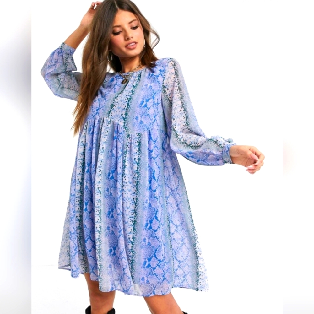 NWT Boho Blue Snake Print Chiffon Smock Babydoll Dress Long Sleeve Size Large